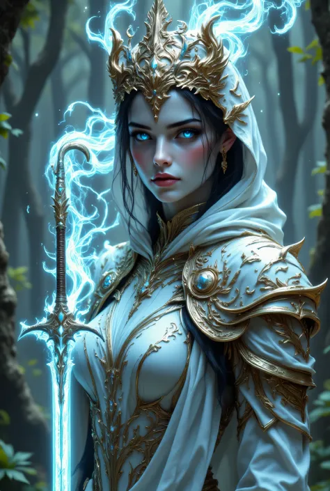 a picture of woman paladin of nature protecting the forest, a woman divine knight, full body, ultra detailed face, perfect body, ultra feminine, pale skin, black hair, long hair, blue eyes, body, intense eyes, wearying heavy armor, divine armor, flowing c...
