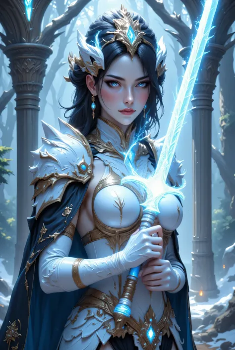 a picture of woman paladin of nature protecting the forest, a woman divine knight, full body, ultra detailed face, perfect body, ultra feminine, pale skin, black hair, long hair, blue eyes, body, intense eyes, wearying heavy armor, divine armor, flowing c...