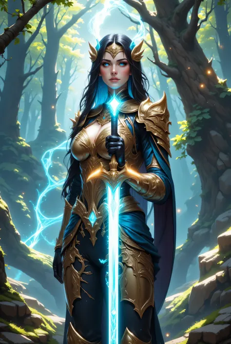 a picture of woman paladin of nature protecting the forest, a woman divine knight, full body, ultra detailed face, perfect body, ultra feminine, pale skin, black hair, long hair, blue eyes, body, intense eyes, wearying heavy armor, divine armor, flowing c...