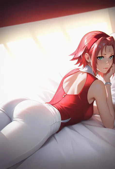 masterpiece, ,(solo:1.1), perfect face, (bright lighting:1.2),beautiful detailed eyes, extremely detailed face, perfect lighting,masterpiece, best quality, 1girl,haruno sakura, red sleeveless dress, white pants, bracelets, forehead mark, red hairband, uchi...