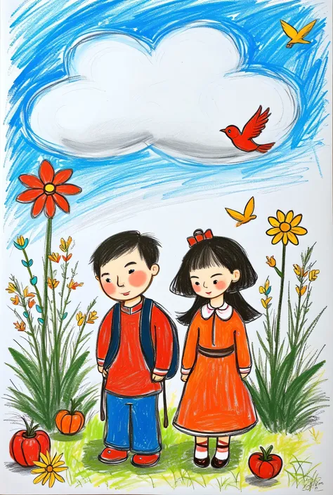 obra-prima, imagem, illustration, Portrait of a boy and a girl, Stopping by going to school, carros, pedestres, muito verde , flowers and birds in the blue sky, sun and clouds