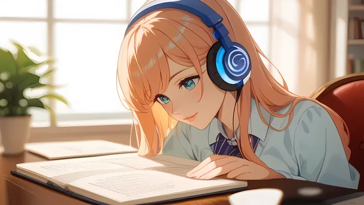 ((top quality)), ((masterpiece)), (details), 1 girl、sexy、pretty girl with headphones、studying on her laptop in a cozy stylish cafe。warm lighting、Soft Shadows、Vintage furniture、Books and coffee on the table、serene and peaceful atmosphere。lo-fi anime art sty...