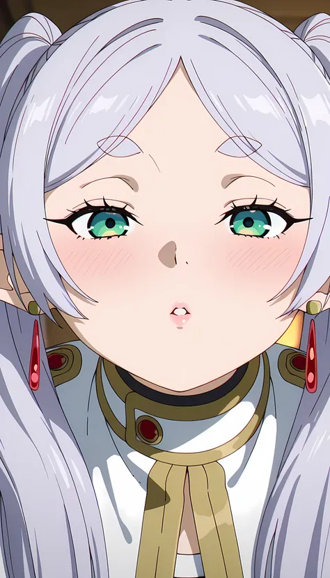 masterpiece, best quality, newest, absurdres, highres, detailed eyes, multicoloured eyes, blue eyes, beautiful, blurred background, anime coloring, anime screencap, 1girl, solo, frieren, elf, pointy ears, grey hair, long hair, twintails, earrings, silver h...