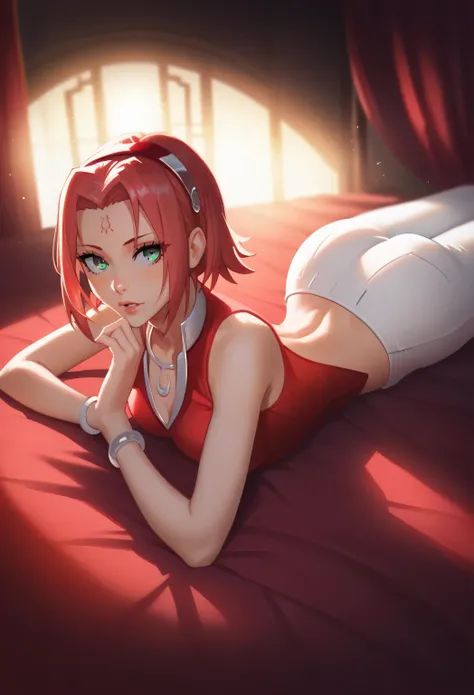 masterpiece, ,(solo:1.1), perfect face, (bright lighting:1.2),beautiful detailed eyes, extremely detailed face, perfect lighting,masterpiece, best quality, 1girl,haruno sakura, red sleeveless dress, white pants, bracelets, forehead mark, red hairband, uchi...