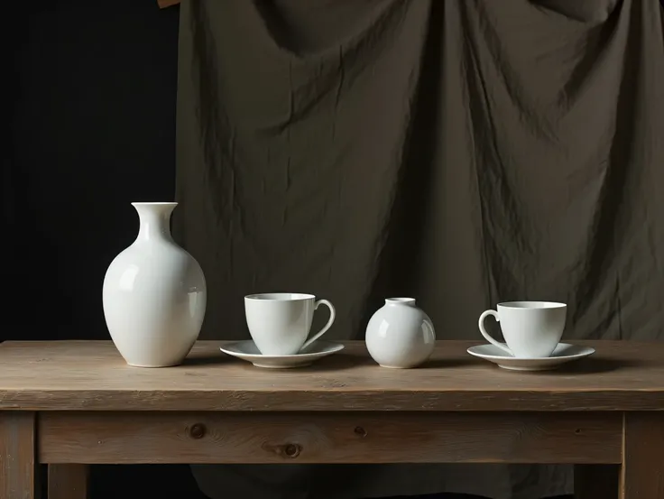 a vase, the cup and saucer are placed in a line on the table, with a black background as if someone had hung pants or cloth. The atmosphere is like doing in a village, Wooden table