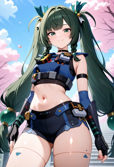 masterpiece,best quality,absurdres, amazing quality, shiny skin
park, cherry blossoms, cowboy shot, smile, standing, 
  qingyiil, 1girl, long hair, green hair, twintails, green eyes, shorts, gloves, navel, midriff, crop top, braid, twin braids, hair orname...