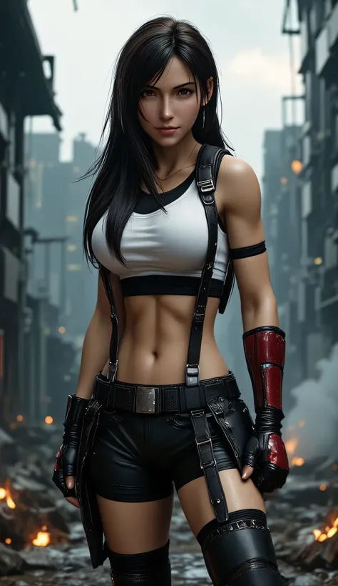 A hyper-realistic close-up portrait of Tifa Lockhart from Final Fantasy VII, standing in a battle-ready stance. She is wearing her iconic black and white combat outfit with red gloves and boots, slightly modernized with tactical textures and subtle armor d...