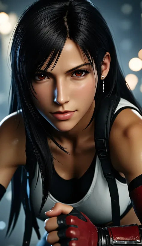 A hyper-realistic close-up portrait of Tifa Lockhart from Final Fantasy VII, prepared for battle. She is wearing her iconic combat outfit—black and white with red gloves—reimagined with realistic tactical textures. Her face is slightly dirtied from battle,...
