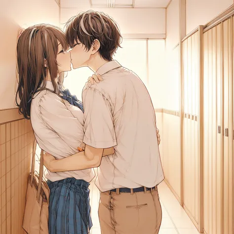  舌を絡ませて唾液を滴らせながらキスする男女。女性は乳首が勃起している。女性は興奮した顔。白とオレンジのストライプのTシャツとオレンジのショートパンツを着た若い女性と、ネイビーブルーのTシャツと黒のショートパンツを着た少年の素晴らしいポートレート。一緒にベッドに座って、セクシーで熱くて好色な環境で情熱的にキスして仲直りしている