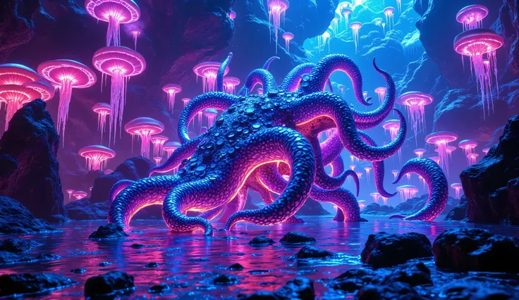A majestic mechanical kraken emerges from the neon-illuminated clouds in an alien environment, its tentacles adorned with intricate gears and brilliant bioluminescent patterns. surrounding other strange and fantastic creatures. The scene is set against the...
