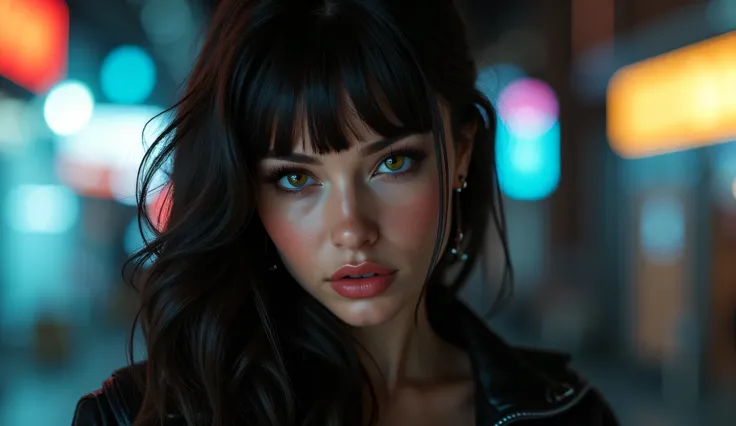 a sexy girl with tight leggins clothes, dark and shiny hair with bangs on the forehead, green eyes, full body portrait, confident expression, 4k, ultra-detailed, photorealistic, cinematic lighting, dramatic shadows, moody sci-fi atmosphere, advanced 3D ren...