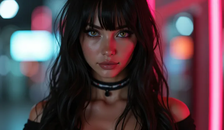 a sexy girl with tight clothes, dark and shiny hair with bangs on the forehead, green eyes, full body portrait, confident expression, 4k, ultra-detailed, photorealistic, cinematic lighting, dramatic shadows, moody sci-fi atmosphere, advanced 3D rendering, ...