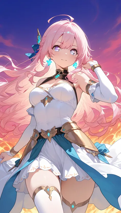 A powerful anime-style digital illustration of a determined young female warrior standing against a fiery sky. Her long hair flows in the wind, and her eyes burn with resolve. She wears a modern fantasy outfit with glowing accents, symbolizing inner streng...