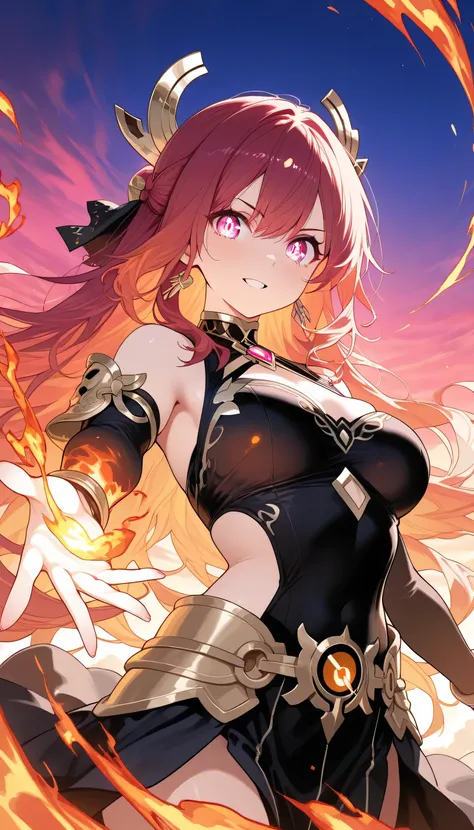 A powerful anime-style digital illustration of a determined young female warrior standing against a fiery sky. Her long hair flows in the wind, and her eyes burn with resolve. She wears a modern fantasy outfit with glowing accents, symbolizing inner streng...