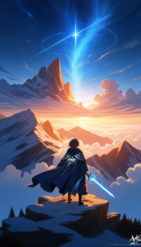 A lone anime-style wanderer stands atop a misty mountain cliff at twilight, cloak fluttering in the wind, holding a glowing staff or sword. Behind them, ancient stars shimmer and soft clouds drift across the sky. The character appears calm but determined, ...
