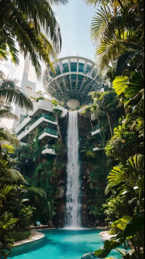 jungle , Riviera Maya Island,  futuristic buildings made of avant-garde recycled material Digital art, Futurism,  Interior Architecture , Modern minimalist illustration, Hyperdetailed, los edificios alrededor en medio una piscina hermosa con una cascada co...