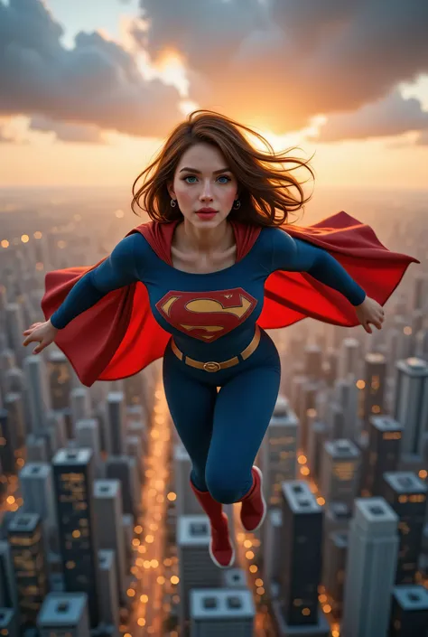 Panel 1: A high-resolution digital photo-style image of a brunette female in free fall, captured mid-air above a vast cityscape at dusk. Her hair is flowing wildly in the wind, and she’s dressed in casual street clothing — a hoodie, jeans, and sneakers — w...