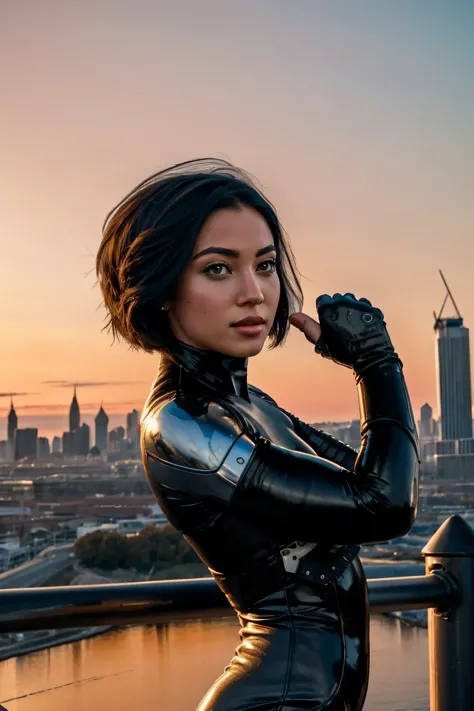 1 girl, masterpiece, High Quality, high precision, (solo), (nice hands), (Beautiful face and eyes), short hair, black hair, brown eyes, black bodysuit, Facial markings, Mechanical Arm, cyberpunk, red pigment , android, renne, city, blue sky, science fictio...