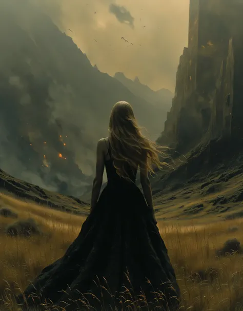 ((best quality)), ((Masterpiece)), (Highly detailed:1.3), 1 girl, long blonde hair, black dress, full body, standing with her back turned, looking at the horizon, in a destroyed meadow, apocalyptic background, meteorites raining down, the sky is dark, ther...