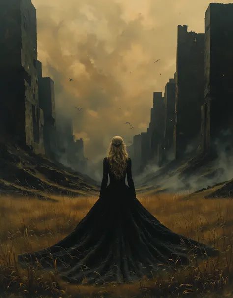 ((best quality)), ((Masterpiece)), (Highly detailed:1.3), 1 girl, long blonde hair, black dress, full body, standing with her back turned, looking at the horizon, in a destroyed meadow, apocalyptic background, meteorites raining down, the sky is dark, ther...