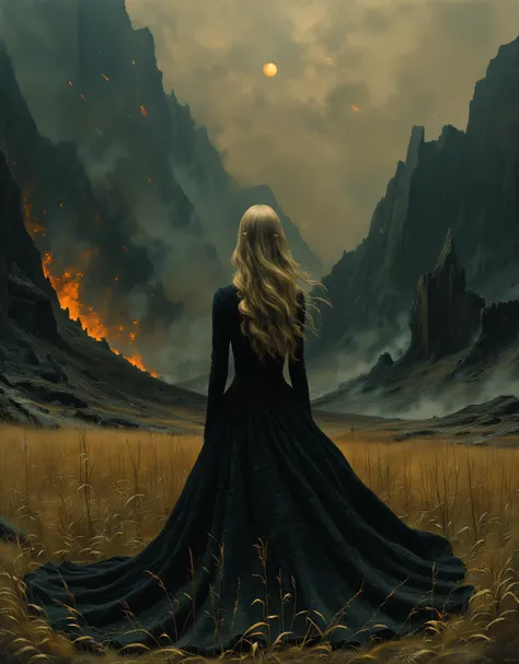 ((best quality)), ((Masterpiece)), (Highly detailed:1.3), 1 girl, long blonde hair, black dress, full body, standing with her back turned, looking at the horizon, in a destroyed meadow, apocalyptic background, meteorites raining down, the sky is dark, ther...