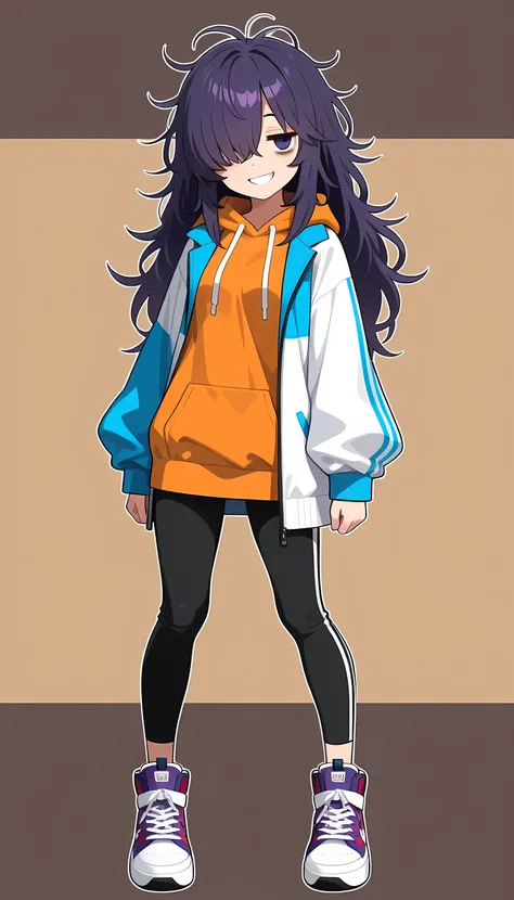 ((masterpiece)), ((best quality)), (ultra-detailed), chibi-style anime illustration, fine line drawing,fine detail , pixel art , rough outline, 1girl,long hair,dark purple hair, ((messy hair)), hair over one eye, (hair over right eye),((comic jitome)) ,(ba...