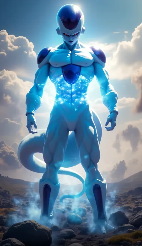 A hyper-realistic depiction of Frieza from Dragon Ball Z, in his final form, standing on a rocky battlefield with a dramatic sky behind him. He is charging a glowing blue Kamehameha energy blast between his hands, the energy illuminating his face and refle...