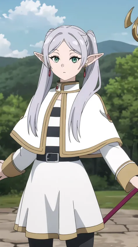 ((highest quality)),((Very detailed)),masterpiece,Absurd,Detailed face,Beautiful Face,(Fine grain, small_Eye light, Deep Eyes),One girl((Dynamic pose)),  Freezing, Pointed Ears, White capelet, staff, alone, Fairy, Earrings, jewelry, Green Eyes, Long Hair, ...