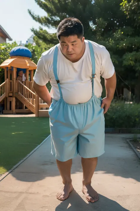 Thick Japan middle-aged man in his 50s, 1man, retarded, Dwarfism, He wears a Light Blue Cute Rompers, Pampers, ((peeing self, wetting self, pee stains,)), ((trembling, fear expression, scared, looking at viewer)), kindergarten background, It's a sunny day,...