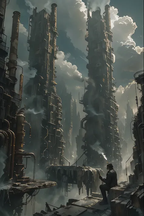 wilderness, Ruins, night , Scenery, cloud, null, Outdoors, cigarette, building,city, science fiction, 喫cigarette_pipe,