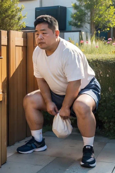 Thick Japan middle-aged man in his 50s, 1man, retarded, Dwarfism, He wears a Pampers, ((peeing self, wetting self, pee stains,)), ((trembling, fear expression, scared, looking at viewer)), kindergarten background, It's a sunny day, Incontinence, He stand a...