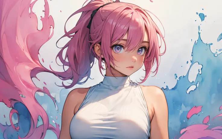 make a poster with an abstract watercolour background, side composition, 1 girl, extremely detailed face and eyes, long wavy messy pink hair in a ponytail, very tight sleeveless halter shirt,(medium sized round breasts:1.0), (tight shirt:1.3), (round breas...
