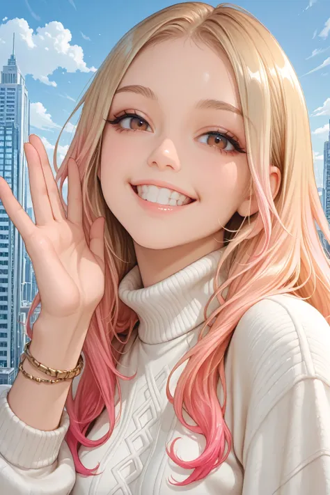 1girl, solo, blonde hair, brown eyes, looking at viewer, white cropped sweater, bracelet, hand up, multicolored hair, long hair, pink hair, city, building, teeth, day, skyscraper, sky, grin, portrait, cloud, gradient hair