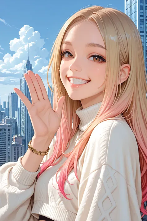 1girl, solo, blonde hair, brown eyes, looking at viewer, white cropped sweater, bracelet, hand up, multicolored hair, long hair, pink hair, city, building, teeth, day, skyscraper, sky, grin, portrait, cloud, gradient hair