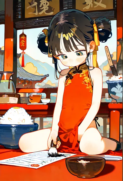  masterpiece, best quality, best quality，high definition,1 Girl ，Ancient style girl, ，，sexy cheongsam，ancient Chinese architecture，palace， rice paper ， brush，ink，Tea， masturbates，charming，