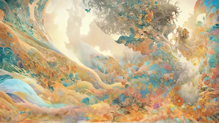 a vector illustration of a woman with long hair and colorful dress, extravagant art, beautiful and intricate painting, beautiful intricate painting, gently swirling magical energy , extravagant!!, extravagant and psychedelic, extravagant!!!, extravagant po...