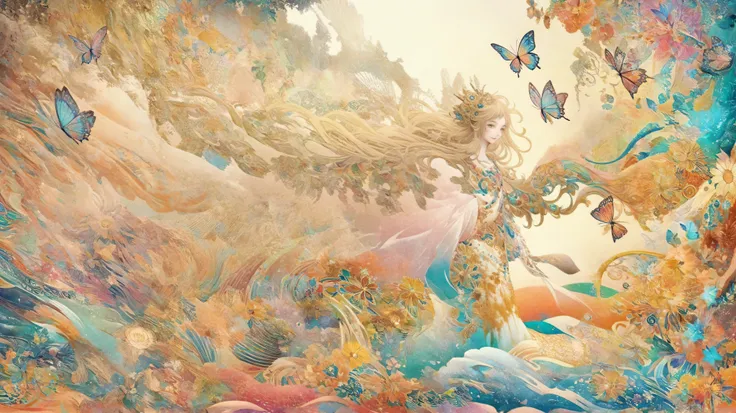 a vector illustration of a woman with long hair and colorful dress, extravagant art, beautiful and intricate painting, beautiful intricate painting,  gently swirling magical energy  , extravagant!!, extravagant and psychedelic, extravagant!!!, extravagant ...