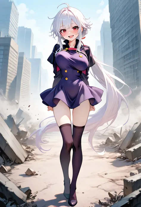 (score_9), longlegs_v0.22_pony, detailed eyes, BREAK, solo, 1 skinny girl standing, petite small girl, BREAK, (cropped coat), (dark purple short dress), flapping skirt, thigh gap, groin, black thighhighs, BREAK, white hair, long low ponytail, very long sid...
