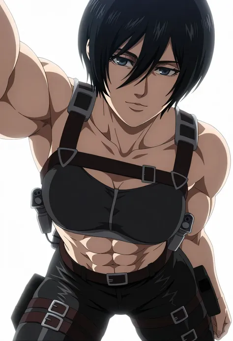 anime coloring, anime screencap, mikasa ackerman, 1girl, solo, short hair, black hair, towards viewer, badass, closed mouth, black sport bra, , belt, black pants, standing, cowboy shot, reaching towards viewer,, white background, simple background, masterp...