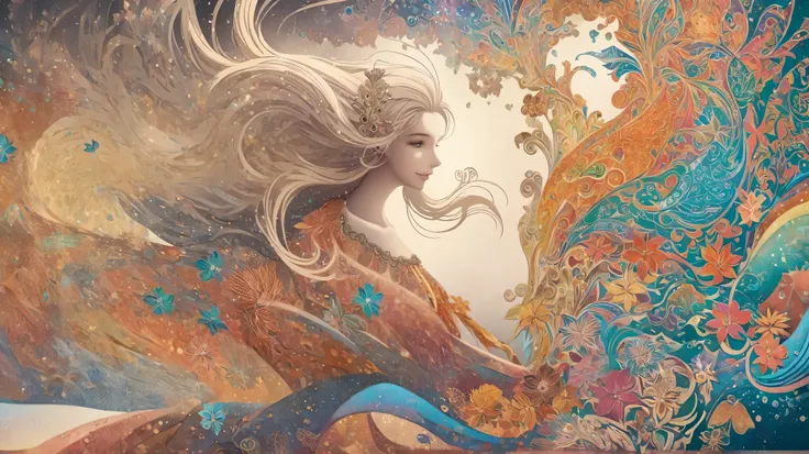 a vector illustration of a woman with long hair and colorful dress, extravagant art, beautiful and intricate painting, beautiful intricate painting,  gently swirling magical energy  , extravagant!!, extravagant and psychedelic, extravagant!!!, extravagant ...