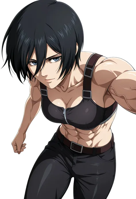 anime coloring, anime screencap, mikasa ackerman, 1girl, solo, short hair, black hair, towards viewer, badass, closed mouth, black sport bra, , belt, black pants, standing, cowboy shot, reaching towards viewer,, white background, simple background, masterp...