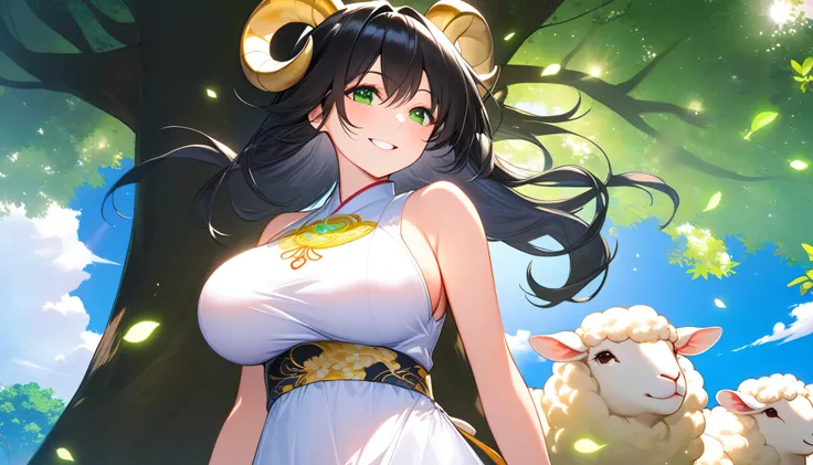 ((Make the background bigger:1.3)),((upper body:1.1)),(Above the waist), (1 girl), (standing) (black hair:1.2),( Smile),(Big Breasts:1.1) The background is under a large tree with deep fresh green,,blue sky,Sun,Overall mysterious,beauty, A scene with an ov...
