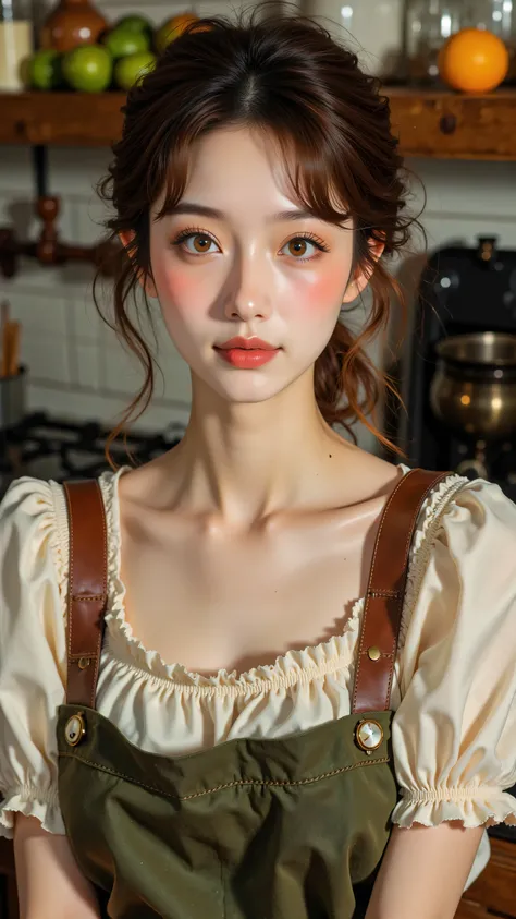 8k, Masterpiece, Top Quality, Close-up, eye-level, fair skin, light brown eyes, soft expression, wavy brown hair, loose hairstyle, off-white blouse, short sleeves, dark olive-green apron, brown leather strap, rustic kitchen, stove, fruit, wooden elements...