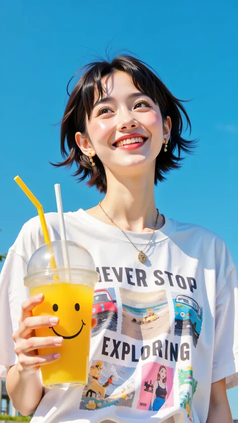 8k, Masterpiece, Top Quality, Low angle viewpoint, young woman, short dark hair, fair skin, smiling, white t-shirt with graphic prints and text "Never Stop Exploring", holding a yellow drink with a smiley face and straw, wearing a necklace, looking up, cle...