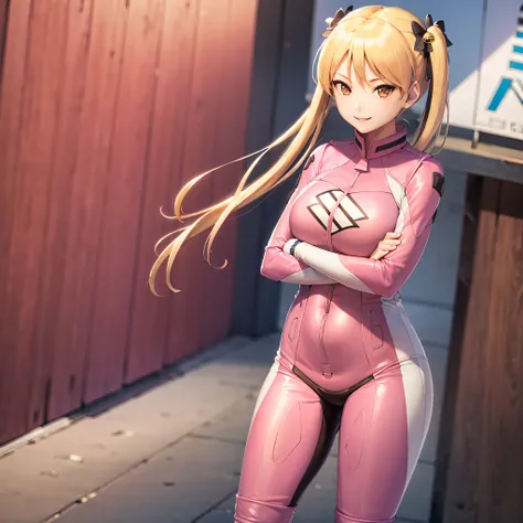 (masterpiece, best quality:1.2),  cowboy shot, solo, 1girl, suzunoki rin, smile, looking at viewer, crossed arms, twintails, hair bell, pink bodysuit, bikesuit,  