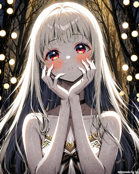 pretty girl with long white hair, White skin, And red eyes, In a forest with lights like in a movie, Dark and dimly lit. . She wears a white dress with dark gold tones , Her eyes stared at, looks at the audience. White skin, Her face is delicate and flawl...