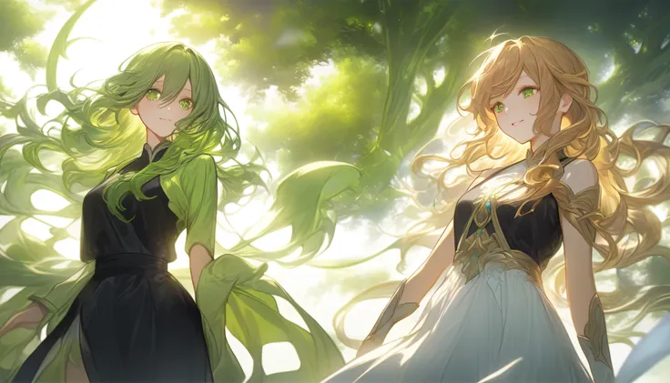 Green tree々がbackground,The sun shines brightly in a clear sky,(Normal number of fingers:1.3),(Green tree々There are 2 girls beside:1.5), The two gods 々 each face is delicate and beautiful ,facing the front,both have a mystical atmosphere like heavenly being...