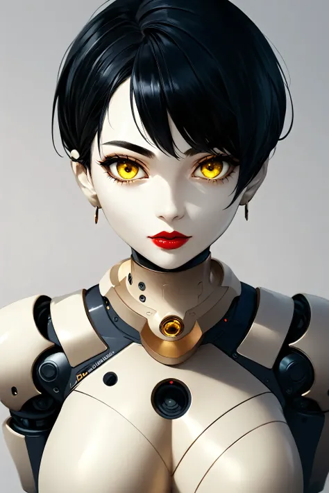 1girl, robot body, robot face, short hair, black hair, black eyebrows, natural eyebrows, big eyes, bionic eyes, yellow eyes, nose, red thick lipstick, beautiful girl, looking at viewer