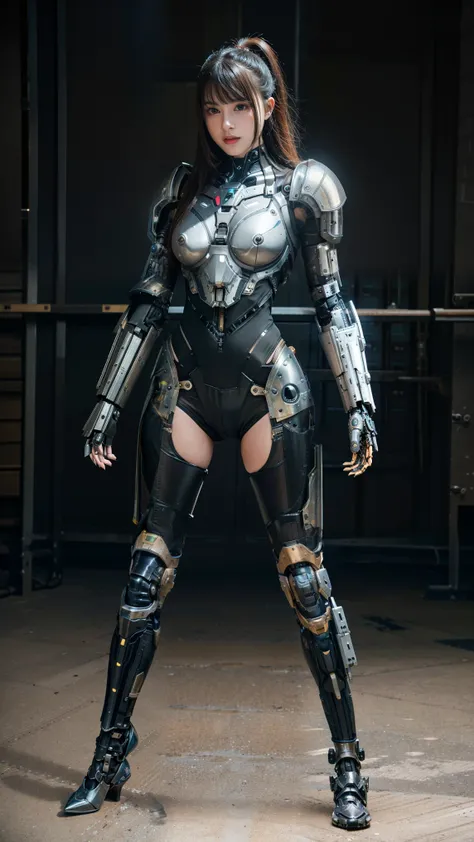 1 girl, alone, Wearing a mechanical suit, Mechanical wonders, cyberpunk, Cybernetics Guardians, Armor of the future, full body, front pose, symmetrical, complicated (Metal Iron [rust]), joint, Warframe Style, Cyborg, Male body and armor, Chainsaw Man 