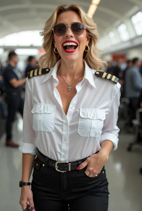 white glamour curvy norvegian ladies in line, pilot sunglasses, in a white unbuttoned customs officer shirt, white screaming ladies, laughing with her mouth open, red lipstick accentuating her smile,belt on waist, big wide hips, legs and plump buttocks and...